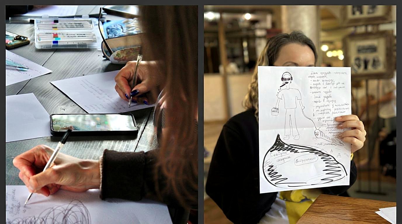 Two photos: a woman writing by hand at a table of art supplies, and a participant holding up her drawing and handwritten poem